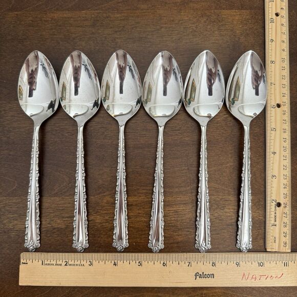6 Oneida Cherie Oval Soup Serving Spoons Deluxe Stainless Flatware Glossy USA 8” - Picture 8 of 8